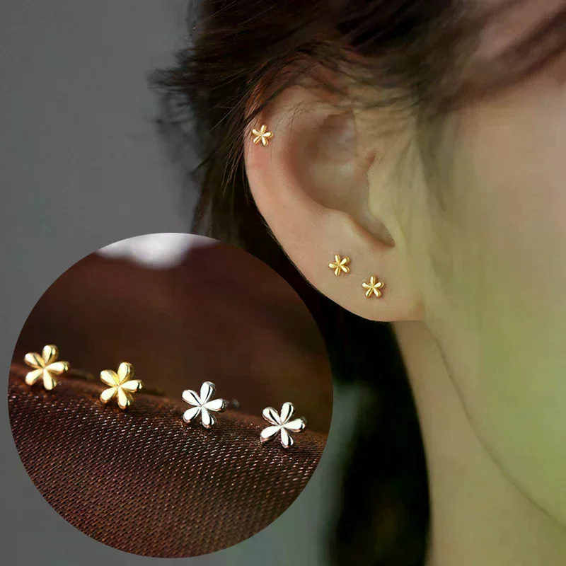 1Pair Gold Minimalism Earrings Silver Mini Small Flowers Ear Stud For Women Fashion Stud Earrings Piercing Jewelry Birthday Gift