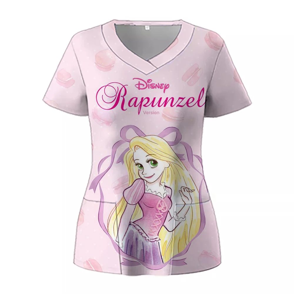 Pocket Disney Princess Women's V Neck Nurse Uniform T-Shirt Youthful Woman Clothes New Dress Cheap Top Summer Y2k 2024 Kawaii