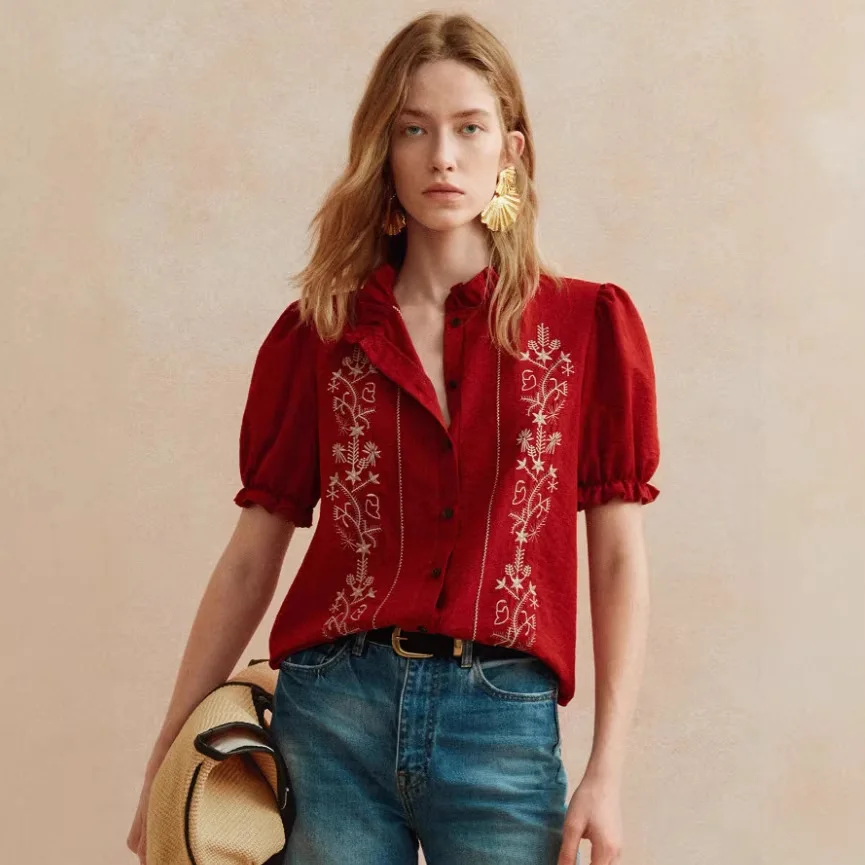 

2026 New European and American Women's Fashion, Elegant and Versatile Ruffle Short Sleeve Organ Edge Embroidered Shirt
