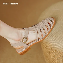 Genuine Leather Women Sandals Peep Toe Low Heel Women Shoes 2023 Summer Shoes for Women Hollow Giadiator Shoes Sandalias Mujer