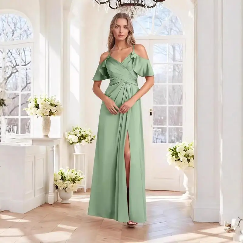 Strap Sexy Long Evening Dress With Simple And Elegant Temperament Slim Fit Slit Dress Solid Color Bridesmaid Dress Customized