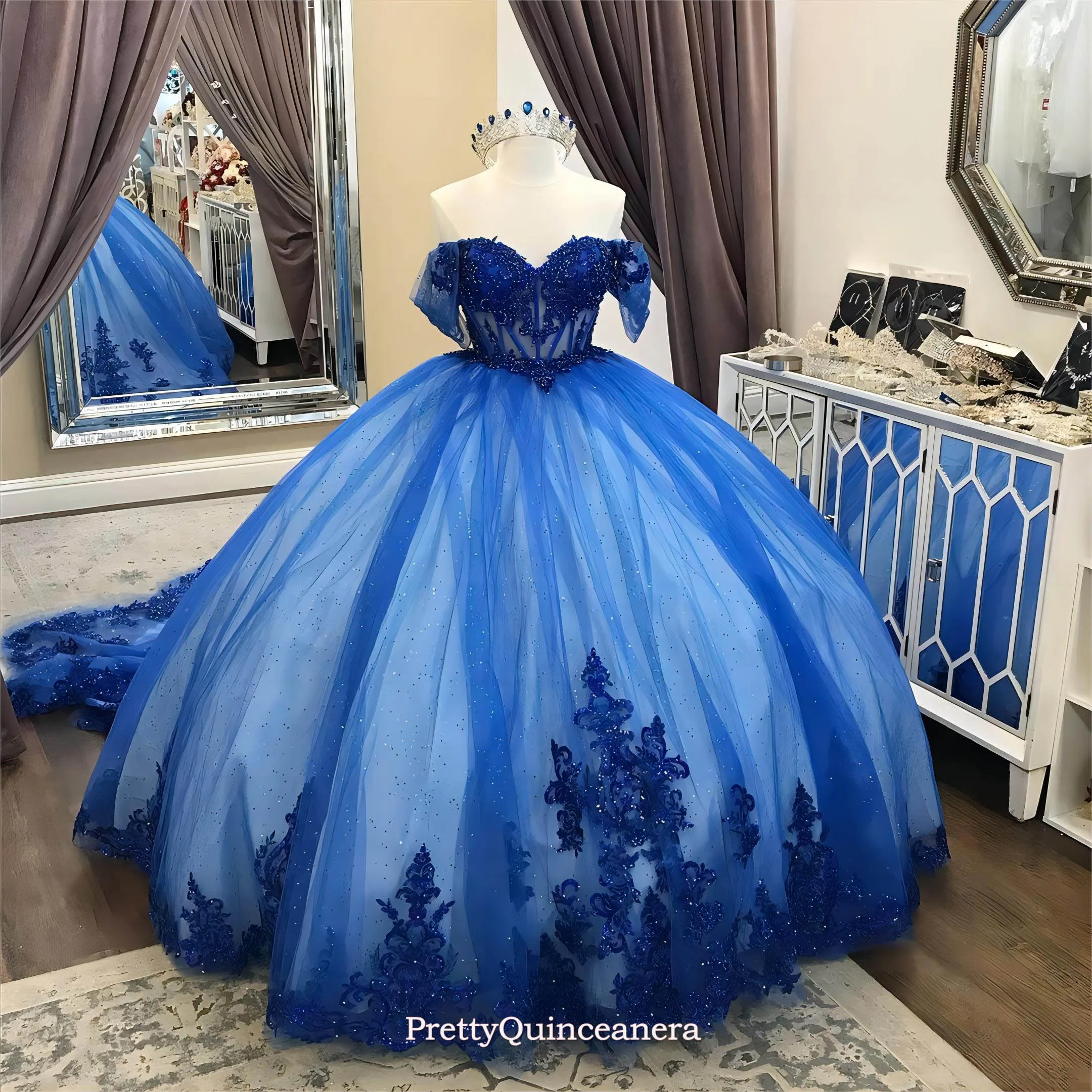 Robe de RhQuinceanera avec train festonné, corset transparent glamour, manches à épaules dénudées amovibles, robe Sweet 16