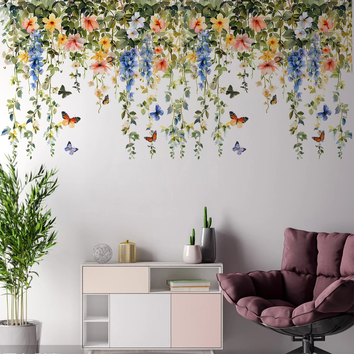 1PC Modern Style Green Plants Vine Flowers DIY Removable Butterfly Art Mural Girl Living Room Office Classroom Home Decoration