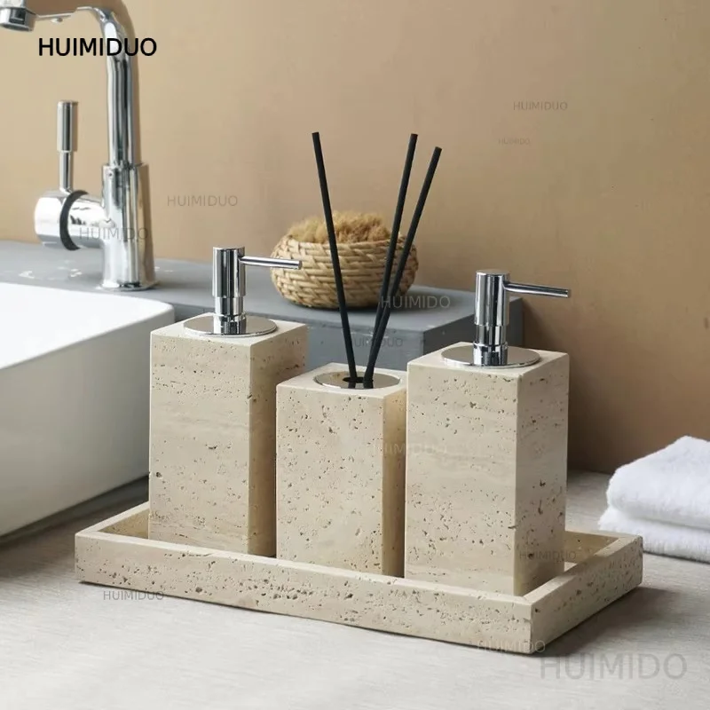 Beige Travertine Bathroom Accessories Set Natural Marble Soap Dispenser Soap Dish Reed Diffuser Vanity Tray Bathroom Set