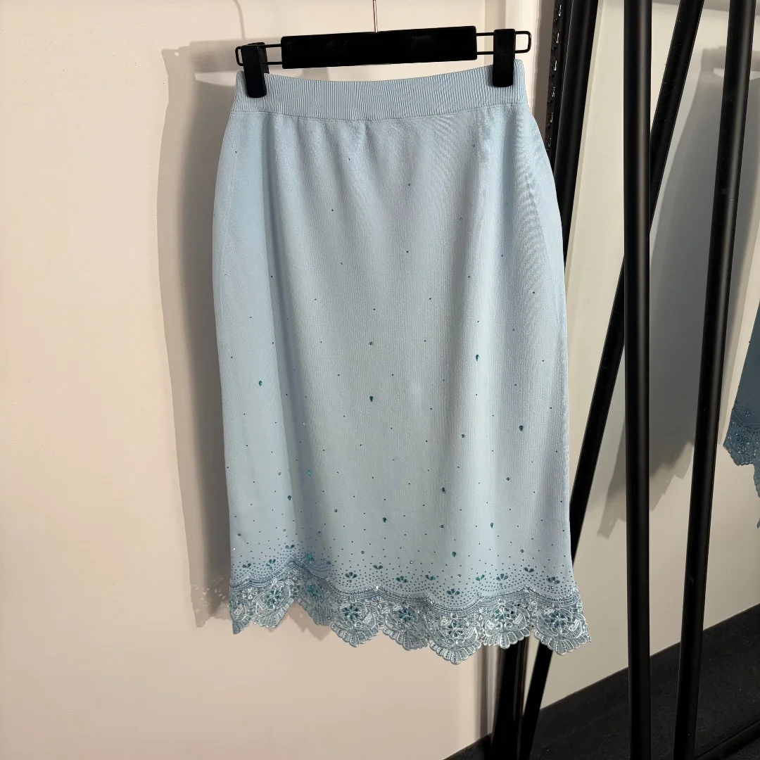 Women High Waist Pure Wool Knit Pencil Skirt Lace Hem Rhinestone Embellished Midi Skirt Elegant Black Blue