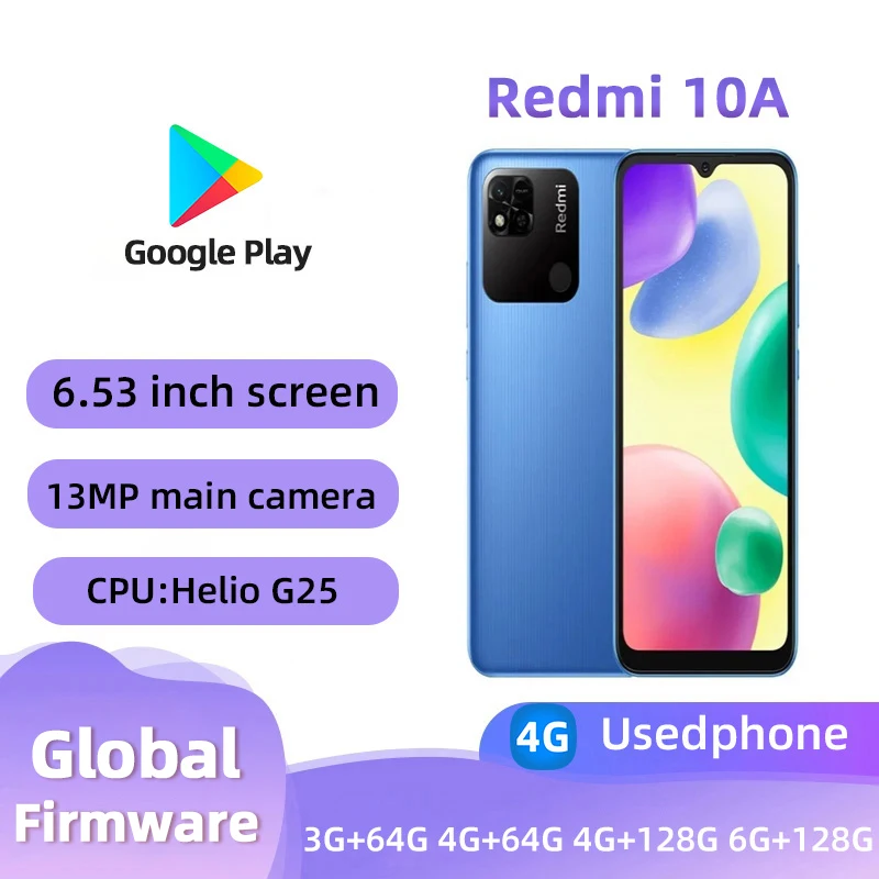 Redmi 10A 4G Android 6.53inch RAM 4GB ROM 64GB MediaTek Helio G25 5000mAh Battery used phone