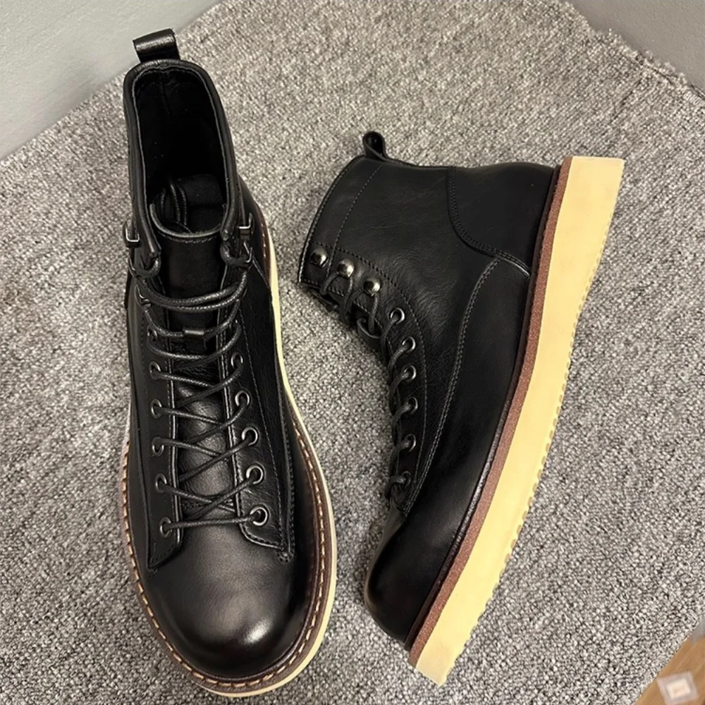 QHCCID Handmade Retro Horsehide Men's Boots Winter and Spring Add Short Plush Warm Motorcycle Boots Paratrooper Boots Men's