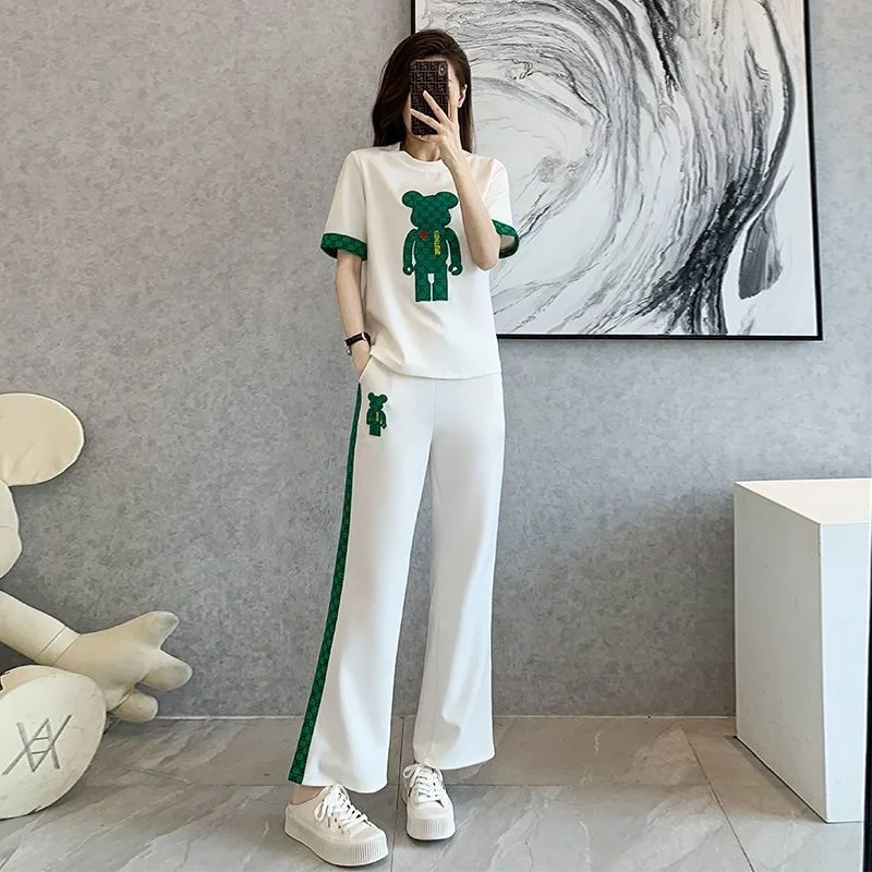 Women\'s 2023 Summer New Fashion Sweat Suit Korean Version Casual Short Sleeved T-shirt Tops Pants 2 Two Piece Set Female Clothes