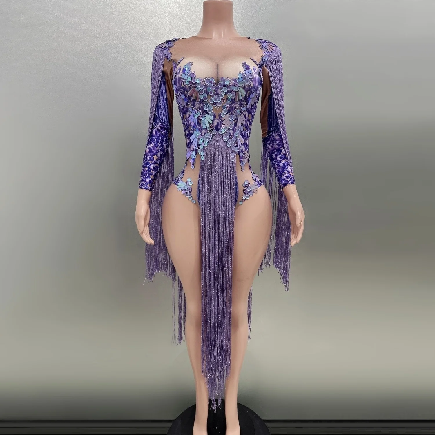 

Purple Long Tassels Sequinse Sexy Printing Bodysuit Evening Party Performance Costume Bar Nightclub Singer Dancer Stage Wear