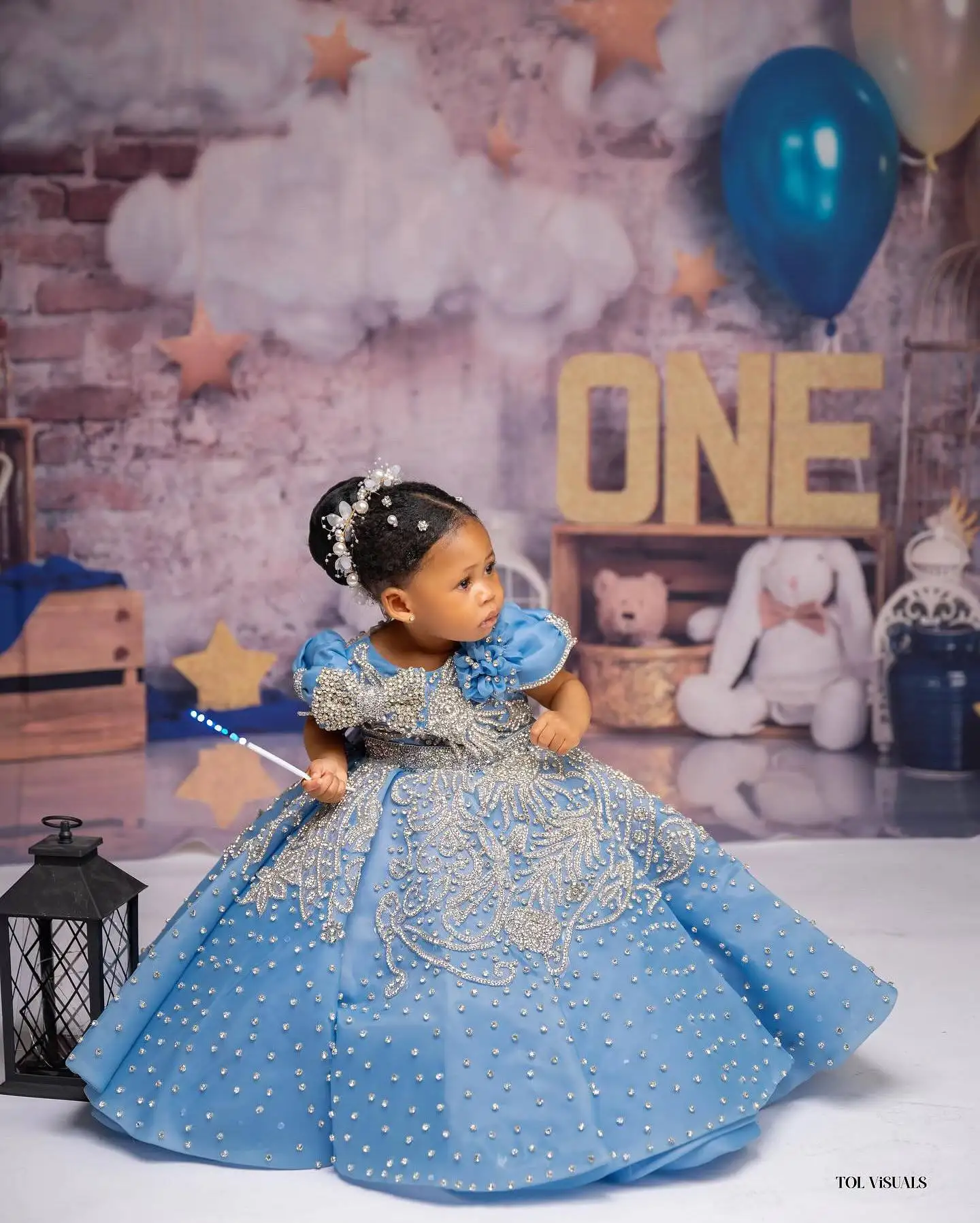Luxury Sky Blue Girls Birthday Dress Customized Beading Bow Flower Girl Dresses Queen Ball Gowns for Wedding Party