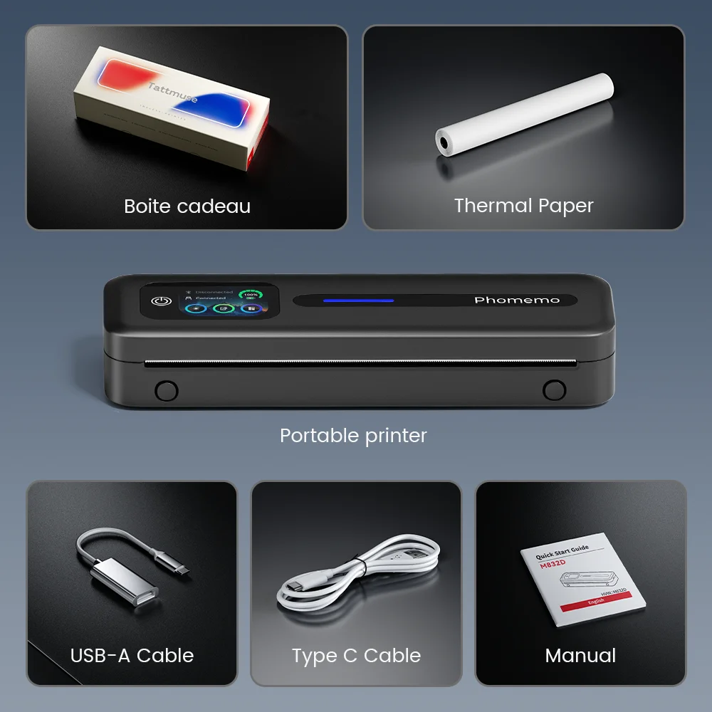 M832D Touchscreen A4 Printer Phomemo Portable A4 Printer, Bluetooth Wireless A4 Maker Thermal Inkless A4 Printer