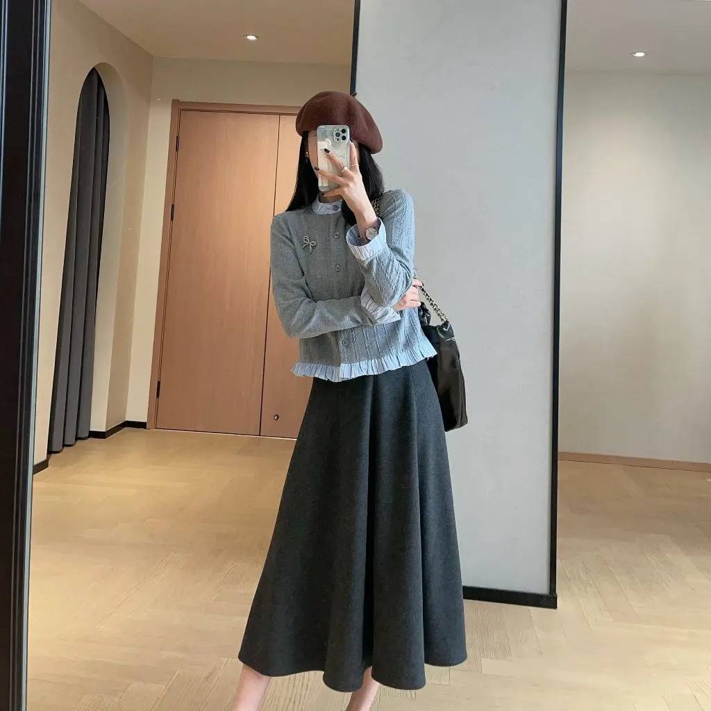 Zedaijai Cardigan Rajut Wanita Elegan Model Slim-fit dengan Aksen Pita dan Ruffle, Jahitan Pelangsing Gaya Dua Lapis Palsu untuk Musim Gugur dan Musim Dingin