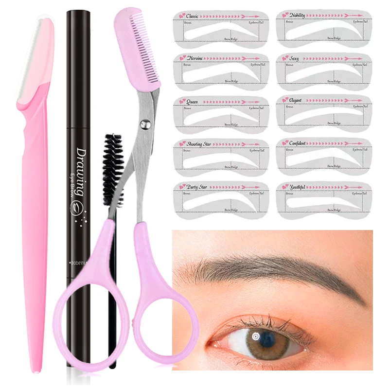 Juego de maquillaje para cejas, 14 piezas, productos de belleza, tijeras de acero inoxidable, lápiz negro para cejas