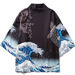 Zwarte Kimono Cardigan Vrouwen Mannen Japanse Obi Mannelijke Yukata Heren Haori Japanse Golf Karper Print Jas Traditionele Japan Kleding