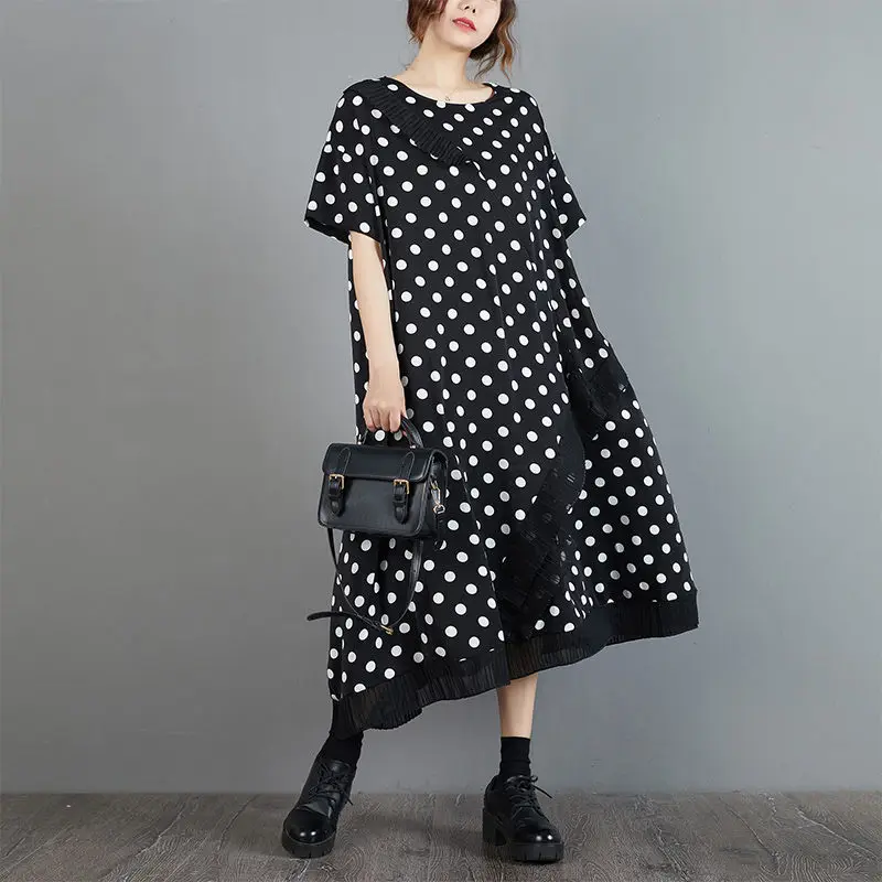 Vintage Stijl Panel Lace Dot Gedrukt Lange Jurk 2023 Zomer Nieuwe Losse Slanke Zwarte Jurk Korte Mouw Vrouwen Casual Kleding z837