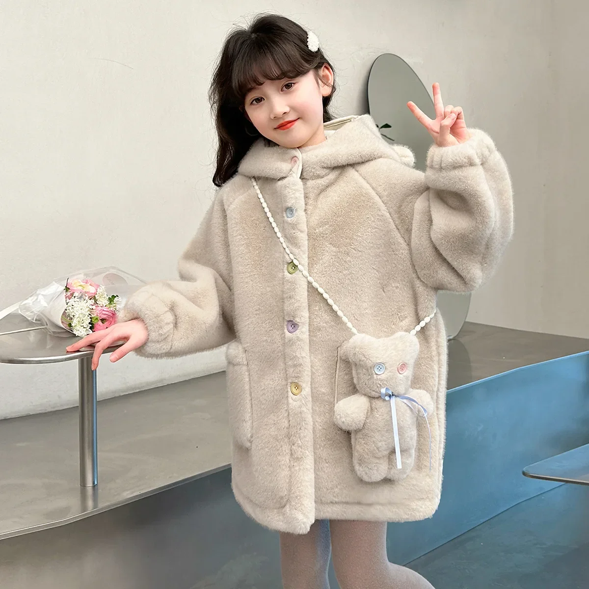 Children Fleece Coat Winter Thick Plus Velvet Warm Coat Imitation Mink Fur Girls Long Hooded Children Outerwear Plush Jacket