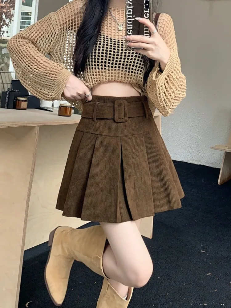 تنورة نسائية شتوية من القطيفة مقاس كبير، تنورة عالية الخصر على شكل حرف A، فستان قصير متعدد الاستخدامات بأسلوب مكتبي، تنورة مط...