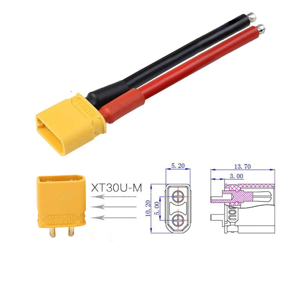 HPXGRC XT30U Pigtail Plug Male and Female Connector with 100mm 16AWG Tinned Wire Cable for RC Fixed wing Lipo Battery FPV Drone