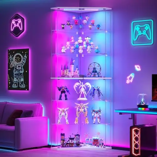 6-Tier Corner RGB LED Glass Display Cabinet with Human Sensor, White | Adjustable Glass Shelves, Lockable Curio