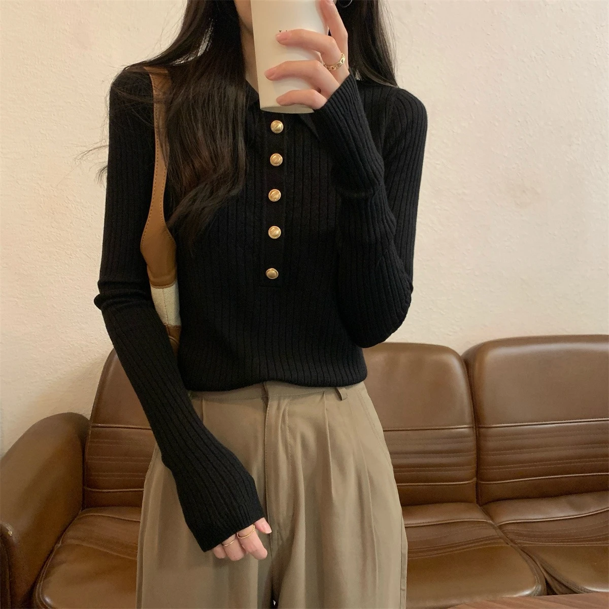 Women Collar Knit Sweater Metal Button Slim Fit Pullover Spring Autumn Elegant Long Sleeve Tops Casual Layering Base Shirt