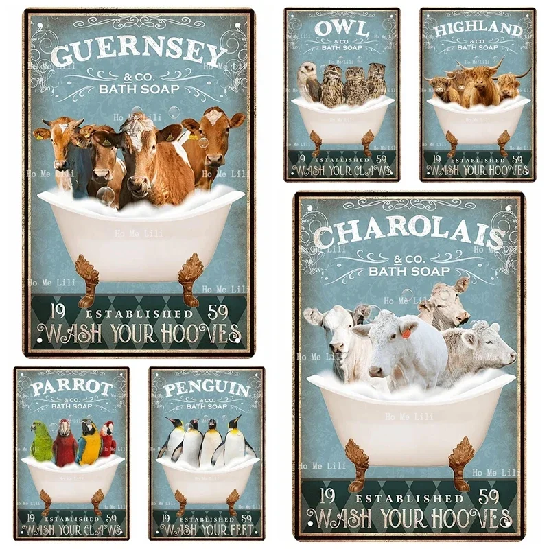 Divertido Highland Charolais vaca búho loro pingüino Guernsey amantes de las mascotas Vintage baño y bañera Metal estaño cartel Decoración