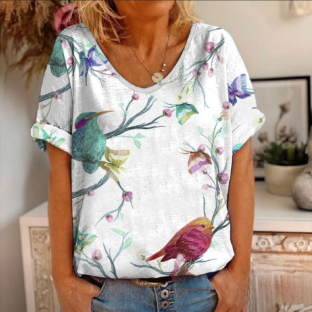 Summer Floral Birds Animals 3D Printed T-Shirt Women T Shirts Flowers V-Neck Streetwear Female Tees Harajuku Y2k Cool Girls Tops