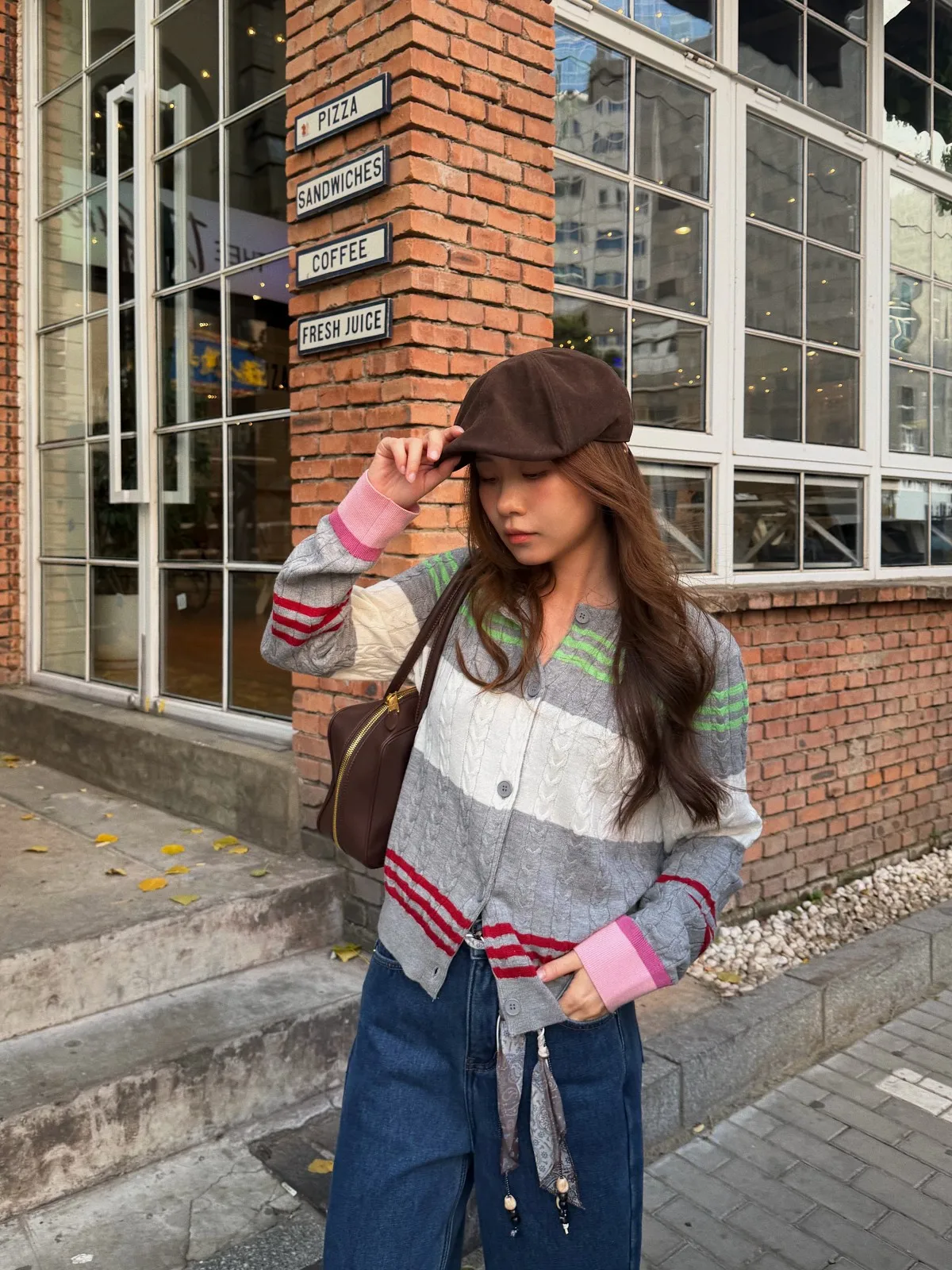 

Acrab Vintage Contrast Color Woolen Striped Open Cardigan Single Button Versatile Knitted Top for Girls ort Sve Long Car...