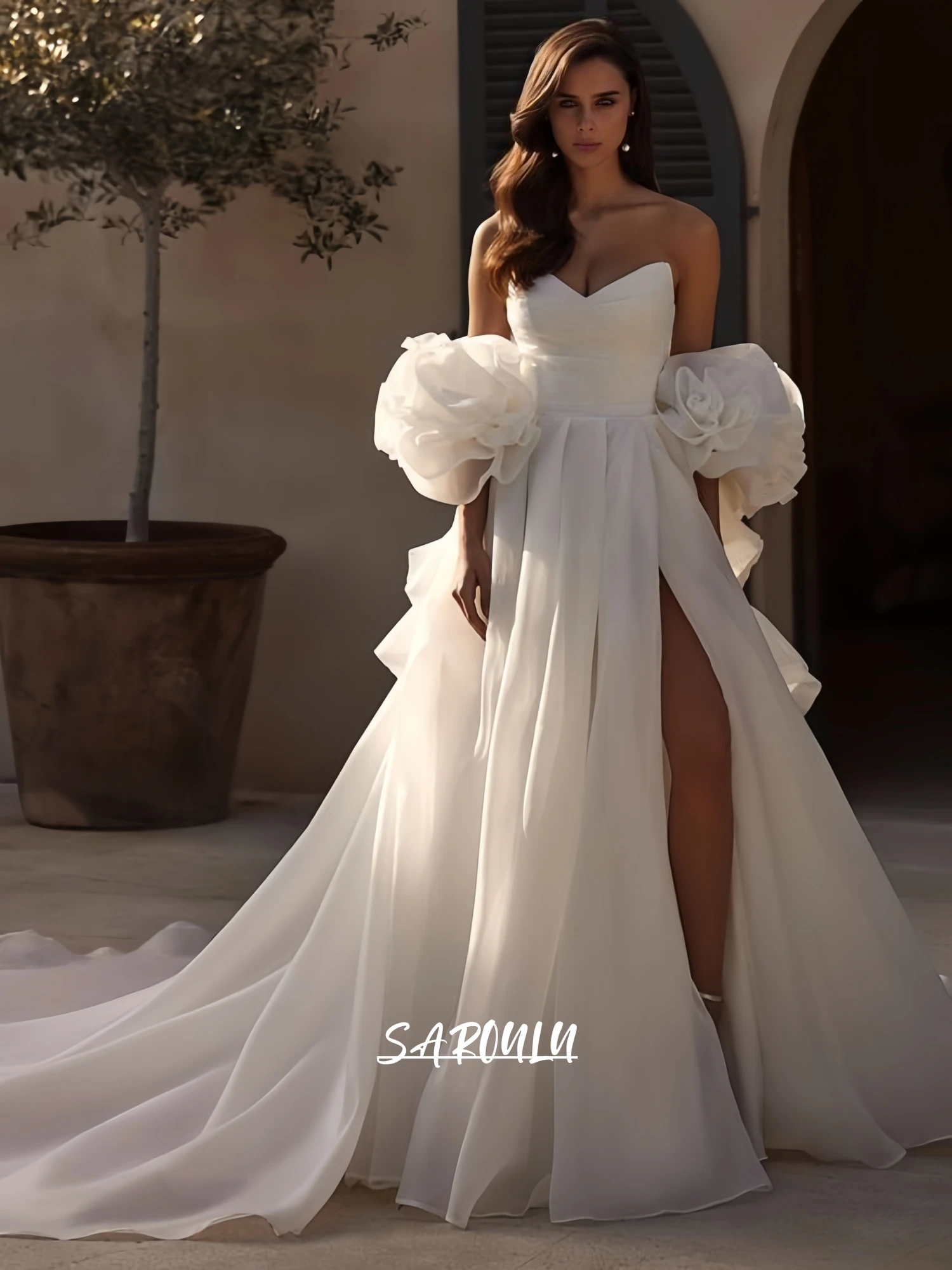 

SAROULU New Organza Wedding Dress for Women 2025 Strapless A line Long Bride Dresses with Side Slit Customized High End Bridal