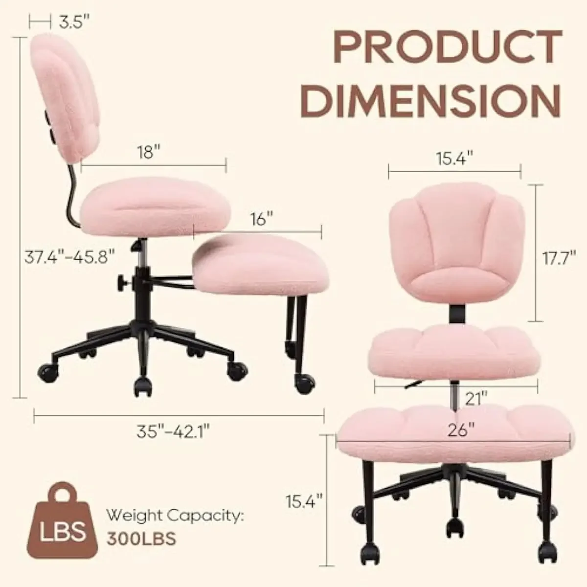 Ergonomic swivel chair with adjustable height backrest and seat, wide teddy fabric seat, 360° silent casters, rotating footrest,