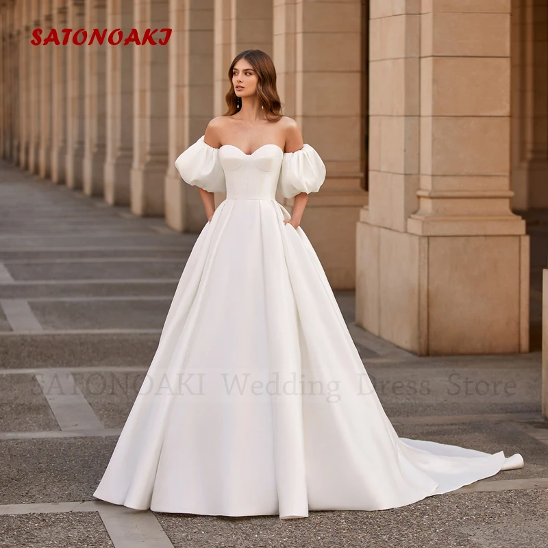 

Elegant Boho Satin Wedding Dress for Women A-Line Puff Sleeve Backless Bride Gown with Pocket Vestidos De Novia Robe Custom Made