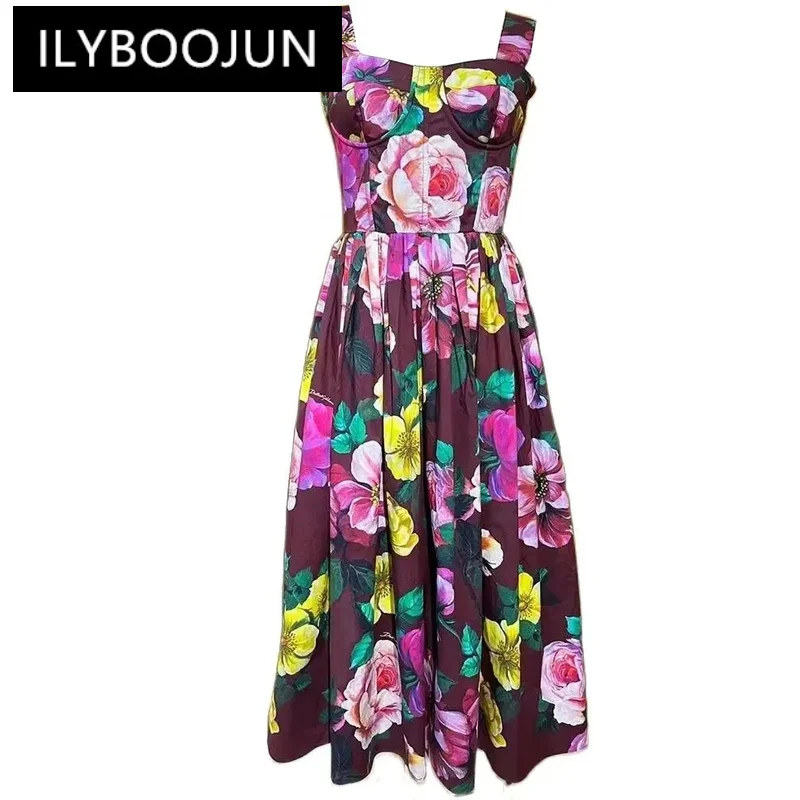 

ILYBOOJUN Designer Summer Vintage Cotton Dress Women's Spaghetti Strap High Waiste Flower Print Elegant Party Backless Dresses