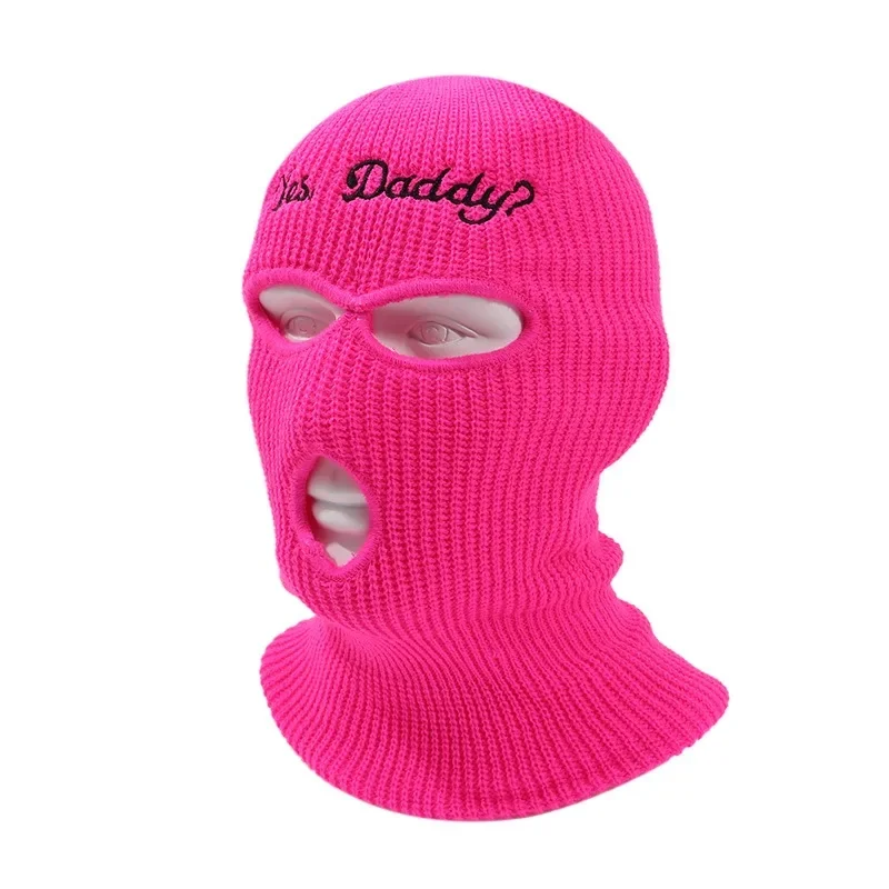 

Balaclava Full Face Mask Embroidery Winter Hat for Woman Ski Mask Yes Daddy Warm Knit Full Caps Outdoor Sports Beanies