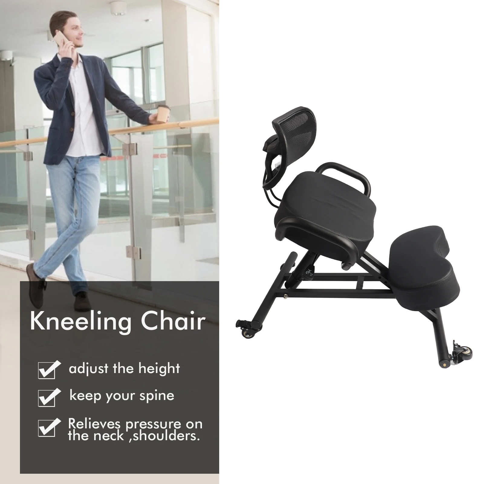 Height Adjustable Ergonomic Breathable Back Support Kneeling Chair with Leather Cushion