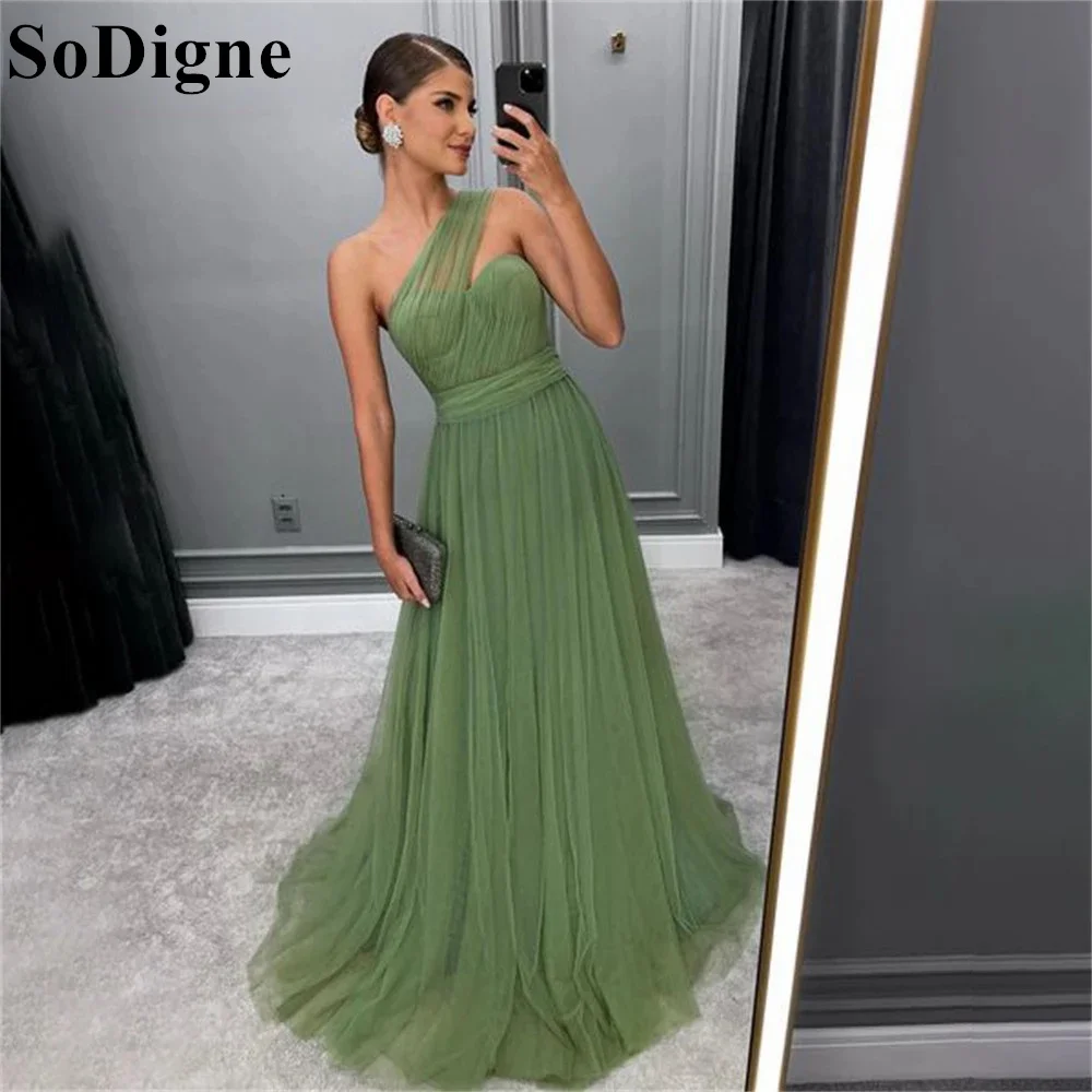 

SoDigne One Shoulder Simple Green Prom Dress A-Line Sleeveless Lace-up Robe 2024 Elegant Formal Occasion Evening Gown for Women