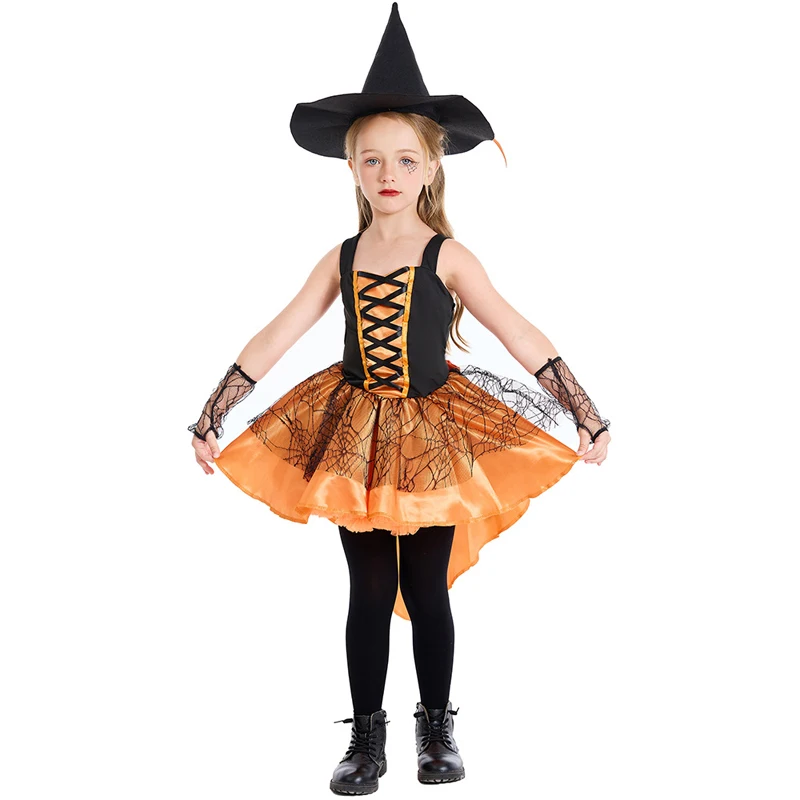 Carnival Halloween Pumpkin Witch For Kid Costume Cute Orange Magic Tuxedo Tulle Spooktacular Cosplay Party Fancy Dress