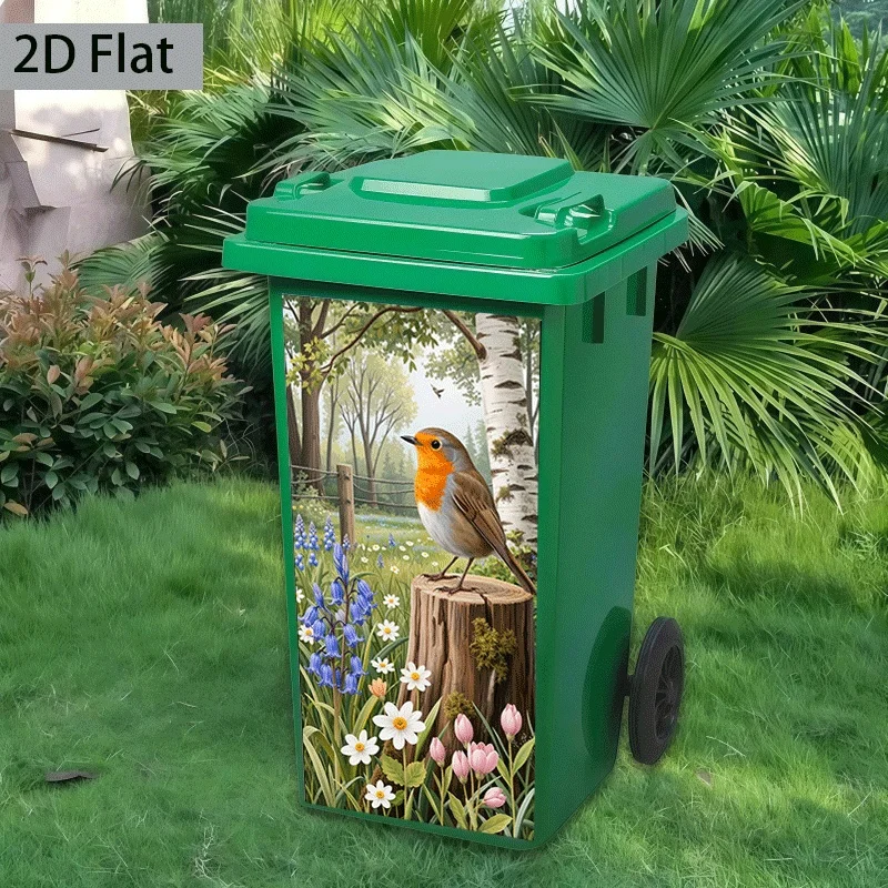 Trash Can Sticker Robin Stump Floral Design Decal 2D Flat Bin Cover Outdoor Home Decorations Removable Peel Stick Garden Themed