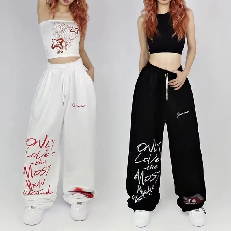 Black White Drawstring Design Sweatpants Women Kids High Street Hip-hop Wide Leg Pants Women New Summer All-match Long Trousers