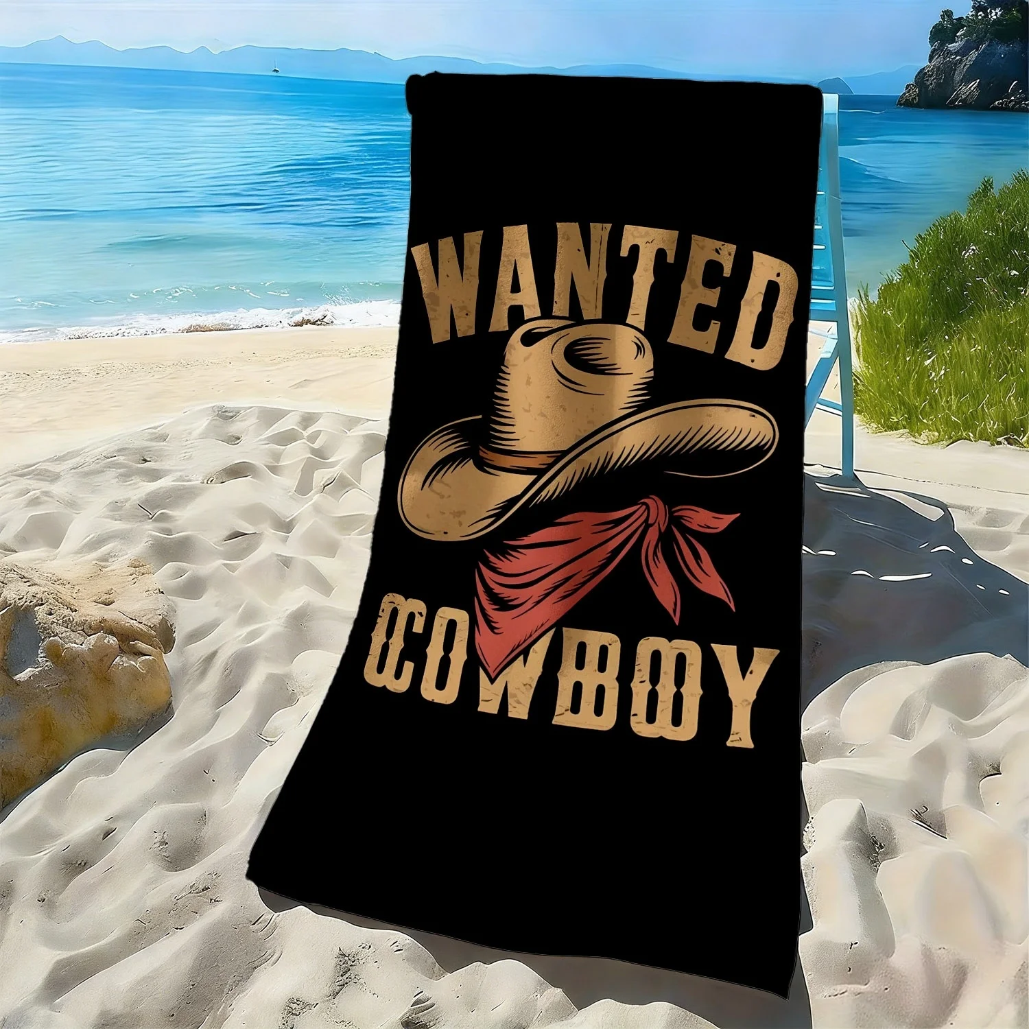 Cowboy hat with red ribbon pattern polyester microfiber beach towel is highly absorbent, suitable for swimming and beach outings