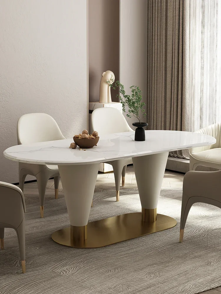 Marble rock plate light luxury French dining table modern high-end new oval rectangular dining table chair combinati