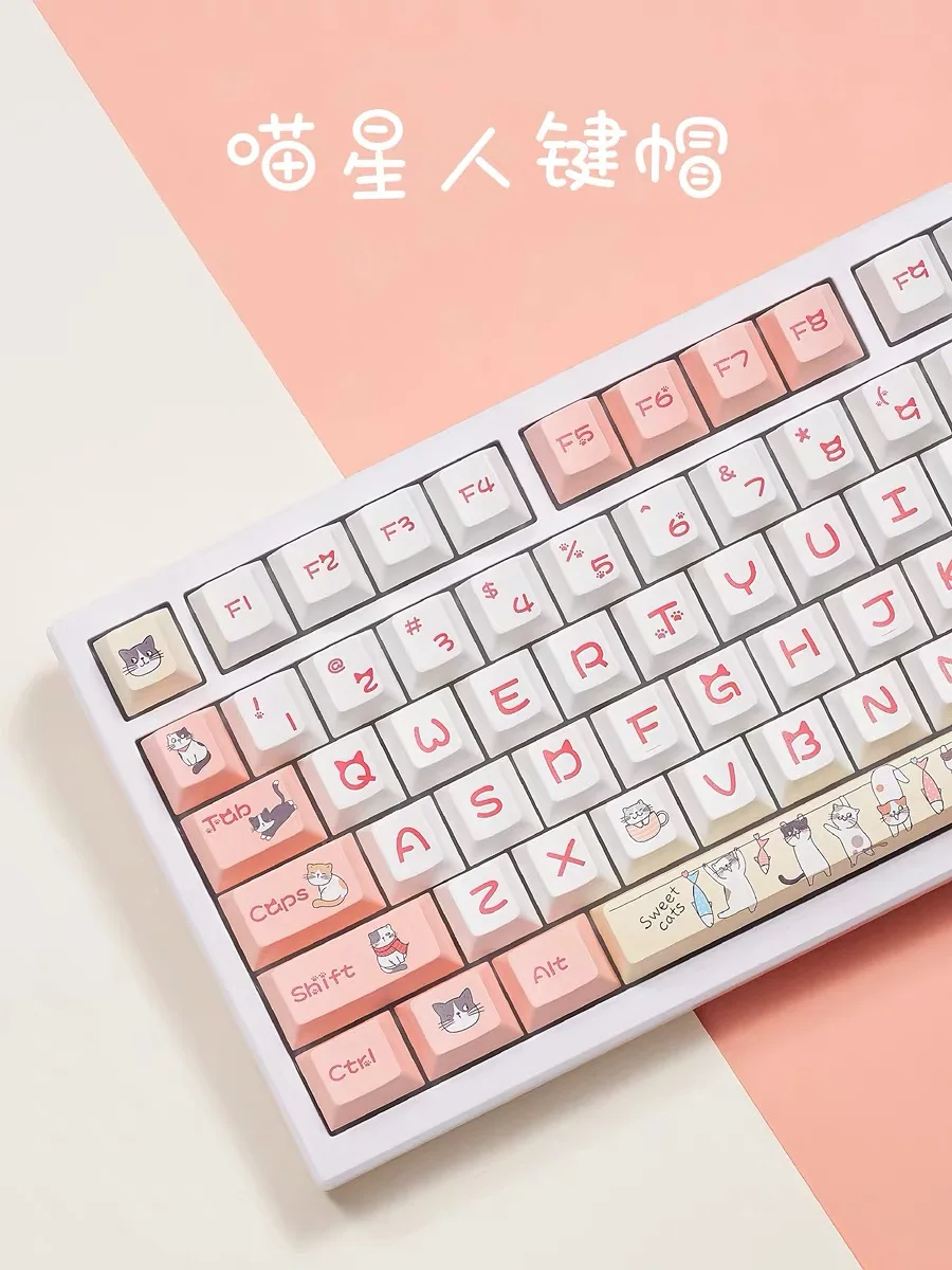 126 keys Chreey Keycap Pink Meow Theme Key Cap PBT Cat Design with 5-sided Dye Sublimation 64 68 75 84 87 98 108