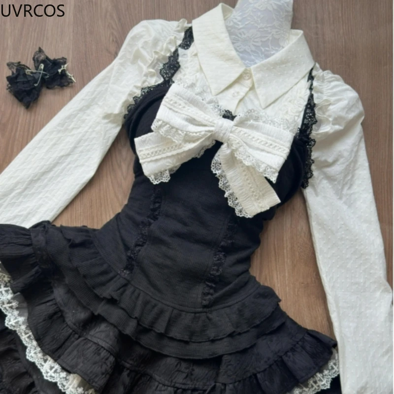 Y2k Aesthetic Lolita Style 3 Piece Set Women Kawaii White Shirt Bow Lace Vest Ruffle Mini Skirts Japan Fashion Gothic Skirt Suit