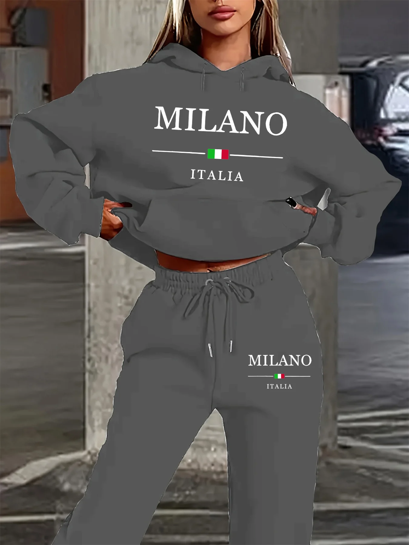 Women's autumn and winter fashion casual MILANO ITALIA printed and plush thick warm hooded sweatshirt+sports pants set