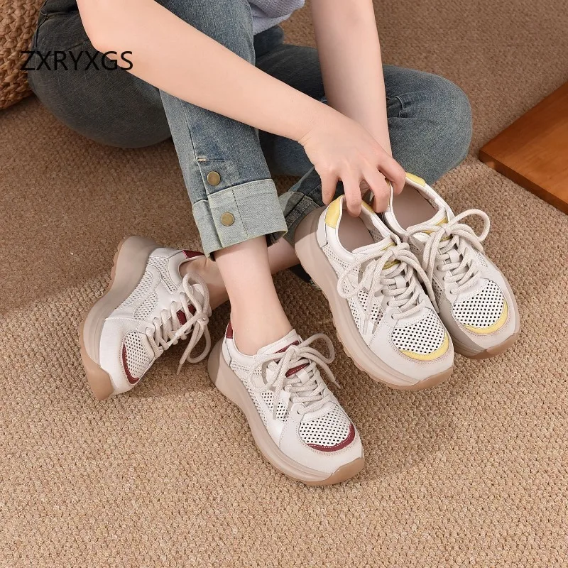 ZXRYXGS 2026 Real Leather Spell Colors Women Trendy Sneakers Breathable Hollow Shoes Thick Sole Increase Shoes Casual Sneakers