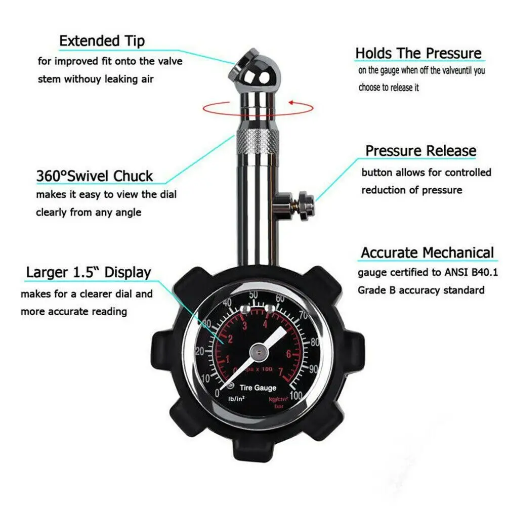 100 PSI Tire Pressure Gauge With Reset Function Heavy Duty Car Air Pressure Tyre Gauge Car Accessories