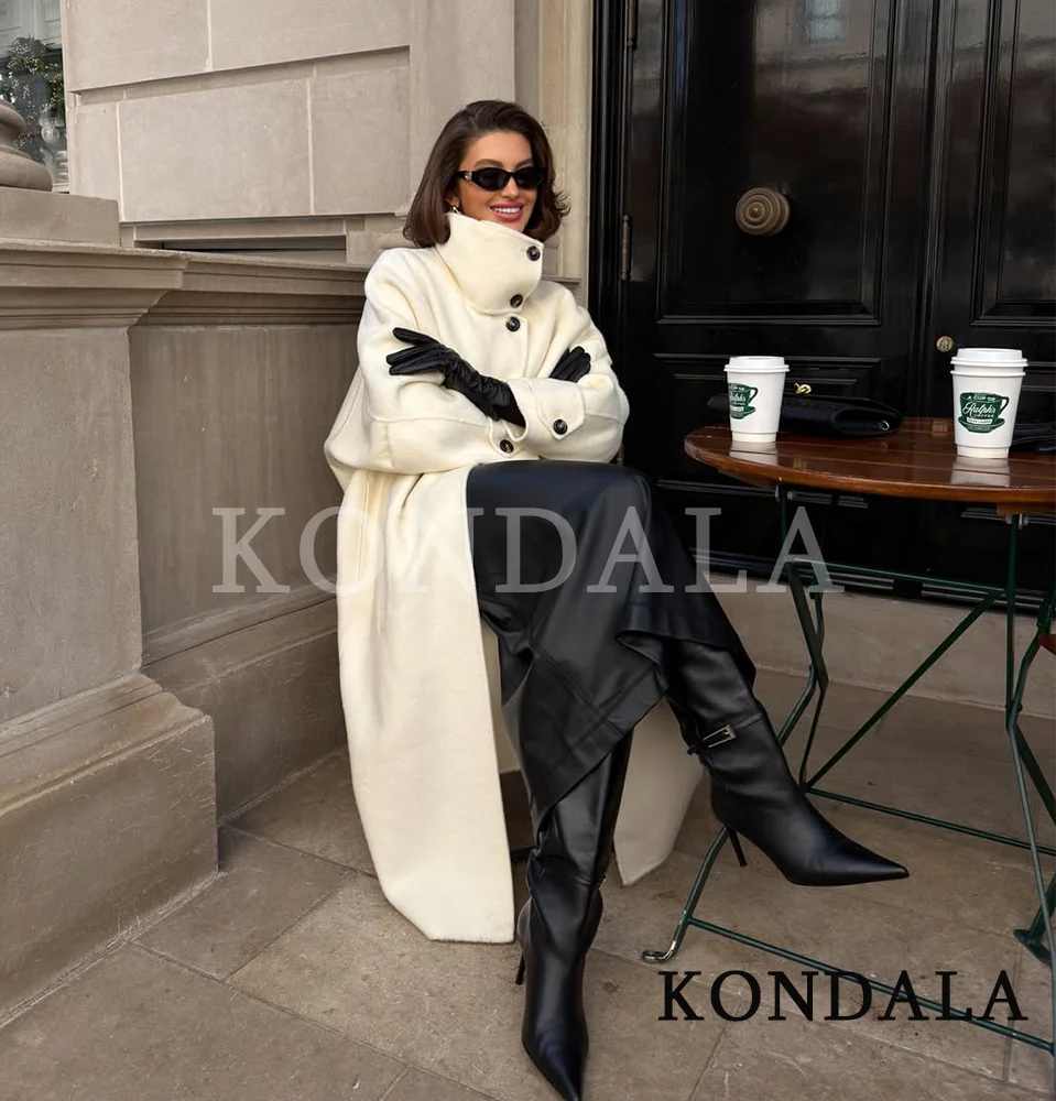 KONDALA Modny płaszcz tweedowy z wysokim kołnierzem, długi płaszcz damski, odzież wierzchnia w stylu high street, płaszcz zapinany na guziki, elegancki i szykowny płaszcz na jesień i zimę 2026.