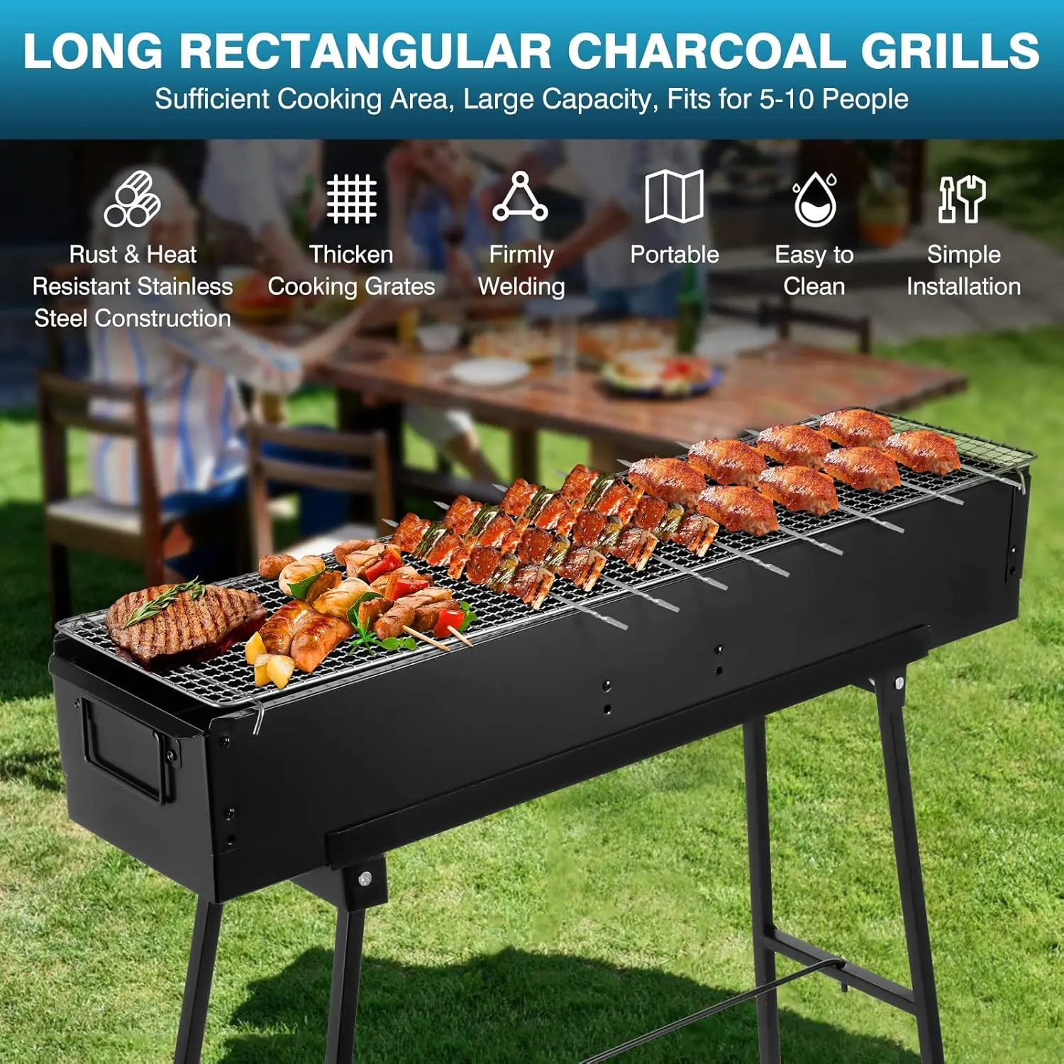 Outdoor Home Commercial Use Black Folding Stainless Steel BBQ Grill with Large Cooking Space