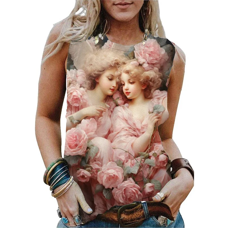 Fashion Summer Angel 3D Print Tank Tops Women Streetwear Casual Oversized O-Neck Vest Off Shoulder Sleeveless Woman Camisole