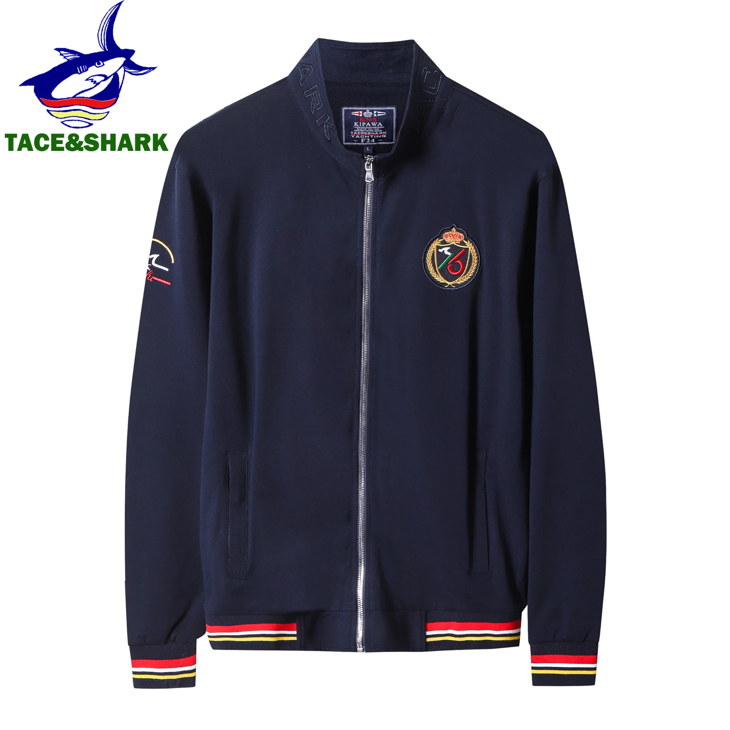 TACE&SHARK Casual Cotton Blue White Military Jacket Coats Fashion Zipper Jackets Men Embroidery Outerwear Clothing