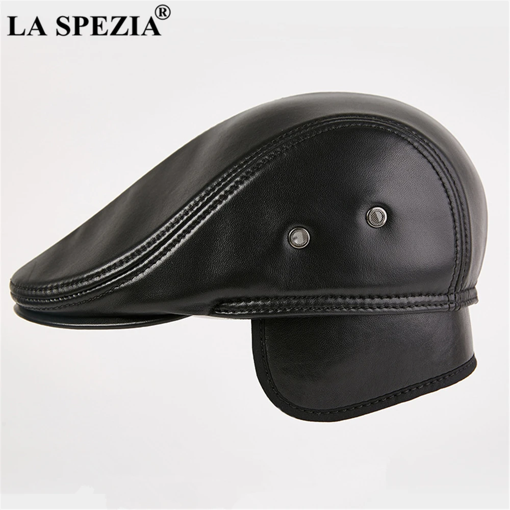 LA SPEZIA Black Men Flat Cap Sheepskin Real Leather Men\'s Brand Cap High Quality Autumn Winer Earflaps Men\'s Duckbill Ivy Cap