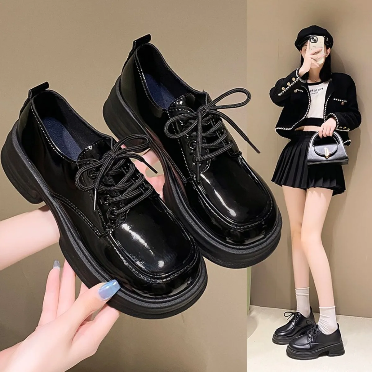 

Women's British Style Shoes- Round Toe Thick Sole Synthetic Leather, Wear-Resistant Comfortable Spring-Autumn Daily Office Shoes